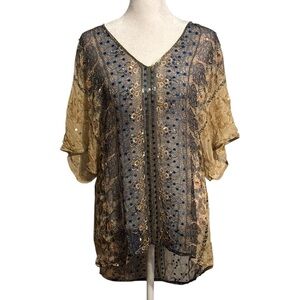 Beyond Vintage Elegant Sheer Blue and Tan Women's Top